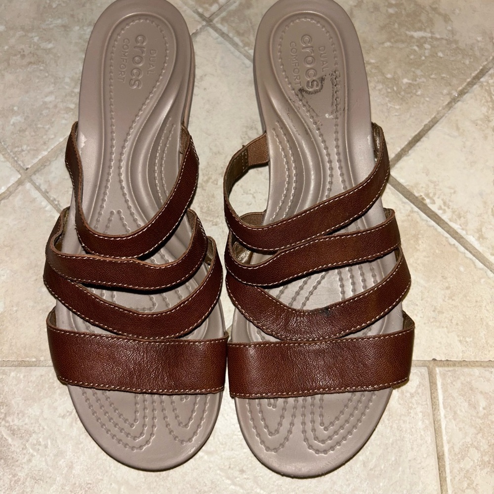 CROCS Brown Leather Wedge Sandals